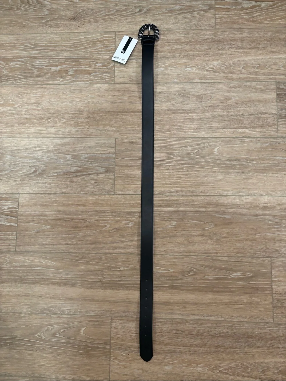 Nine West Black Leather Belt with Chunky Silver Chain Buckle - Medium